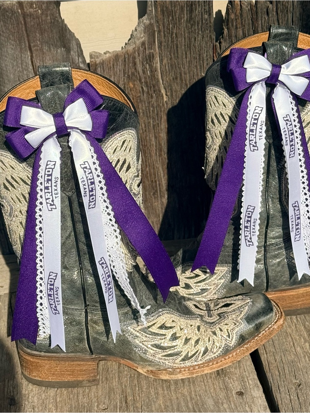 Purple White Ribbon Boot Bows - Texas game day